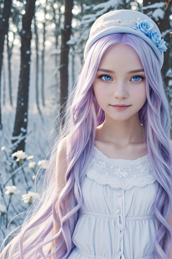 anime screenshot,a beautiful girl with silver hair that fades from the shoulders to pink, violet and light blue at the tips,with hair down and long to her ankles,It is straight but wavy at the ends,Snow white skin,sharp but innocent eyes at the same time, one eye red like ruby and the other blue like aquamarine, dressed in a dress cut to the knees,white and half violet,with a white rose hat with a light blue ribbon and a blue rose ,in a beautiful forest with colorful butterflies and beautiful flowers,he is looking towards the camera smiling