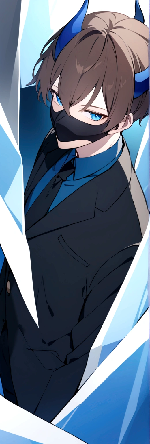 (man in half smile mask on the left side )(blue color)(blue eyes) brown hair)(blue horns)(Dressed in black)(Short haired)(alone)