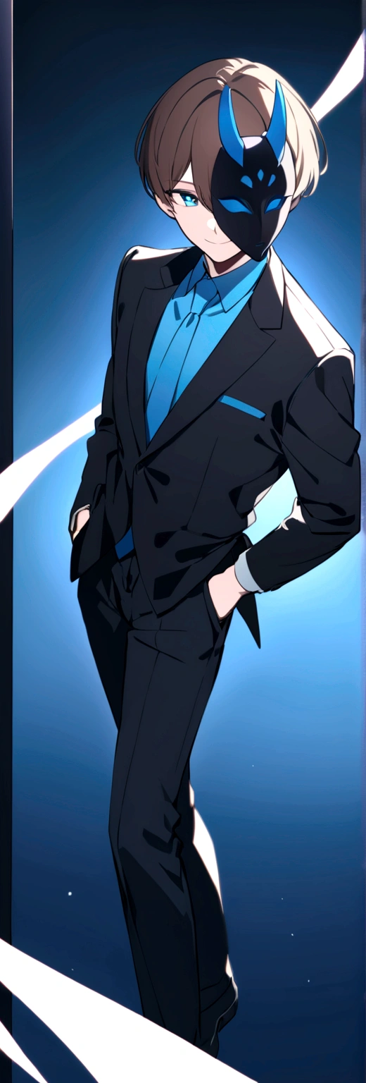 (man in half smile mask on the left side )(blue color)(blue eyes) brown hair)(blue horns)(Dressed in black)(Short haired)(alone)