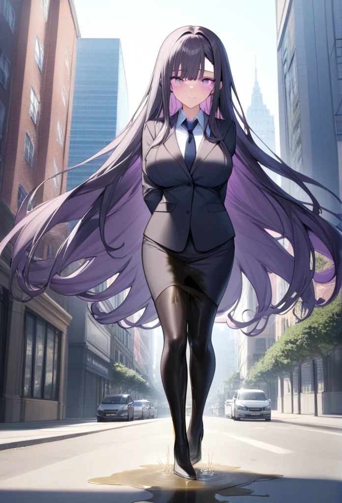 (masterpiece:1.37), best quality, (extremely detailed:1.37) woman, (adult:1.5), (very long hair:1.5), dark purple hair, purple eyes, (extremely detailed eyes:1.37), breasts, business suit, necktie, (very long pencil skirt:2.0), pantyhose, (wetting herself:2.0), arms behind back, standing straight, full body day, daytime, glow, facing viewer, perfect composition, full body, city, street