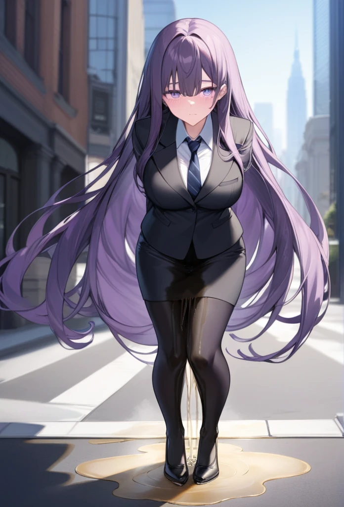 (masterpiece:1.37), best quality, (extremely detailed:1.37) woman, (adult:1.5), (very long hair:1.5), dark purple hair, purple eyes, (extremely detailed eyes:1.37), breasts, business suit, necktie, (very long pencil skirt:2.0), pantyhose, (wetting herself:2.0), arms behind back, standing straight, full body day, daytime, glow, facing viewer, perfect composition, full body, city, street