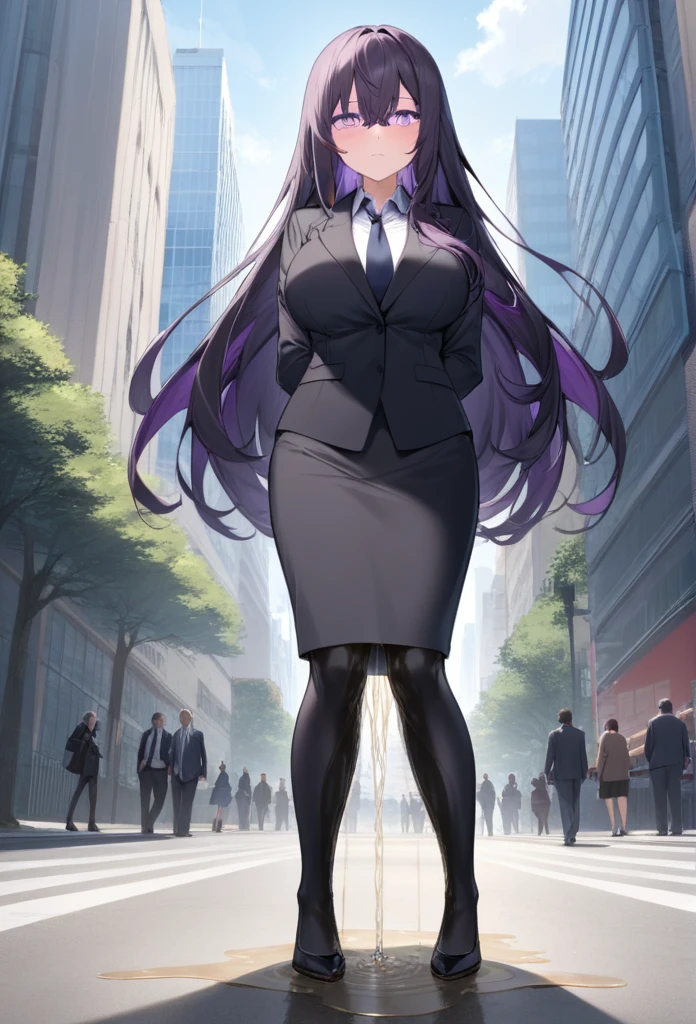 (masterpiece:1.37), best quality, (extremely detailed:1.37) woman, (adult:1.5), (very long hair:1.5), dark purple hair, purple eyes, (extremely detailed eyes:1.37), breasts, business suit, necktie, (very long pencil skirt:2.0), pantyhose, (wetting herself:2.0), arms behind back, standing straight, full body day, daytime, glow, facing viewer, perfect composition, full body, city, street
