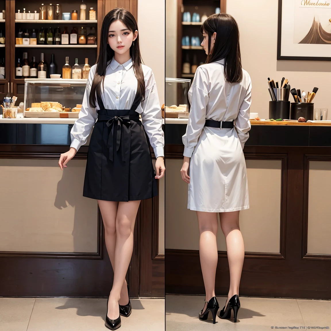 (masterpiece, best quality), ultra detailed, high resolution, 16k, the most beautiful face in the world, perfect face, delicate facial features, highly detailed beautiful face and eyes, shiny skin, highly detailed background, elaborately designed, fine cloth texture, BREAK, (gorgeous and stunning age girl in cafe staff uniform:1.2), perfect make-up, deeply in love, full of elegance, (full body:1.5), (three view drawing, front and back and side, character sheet:1.3)