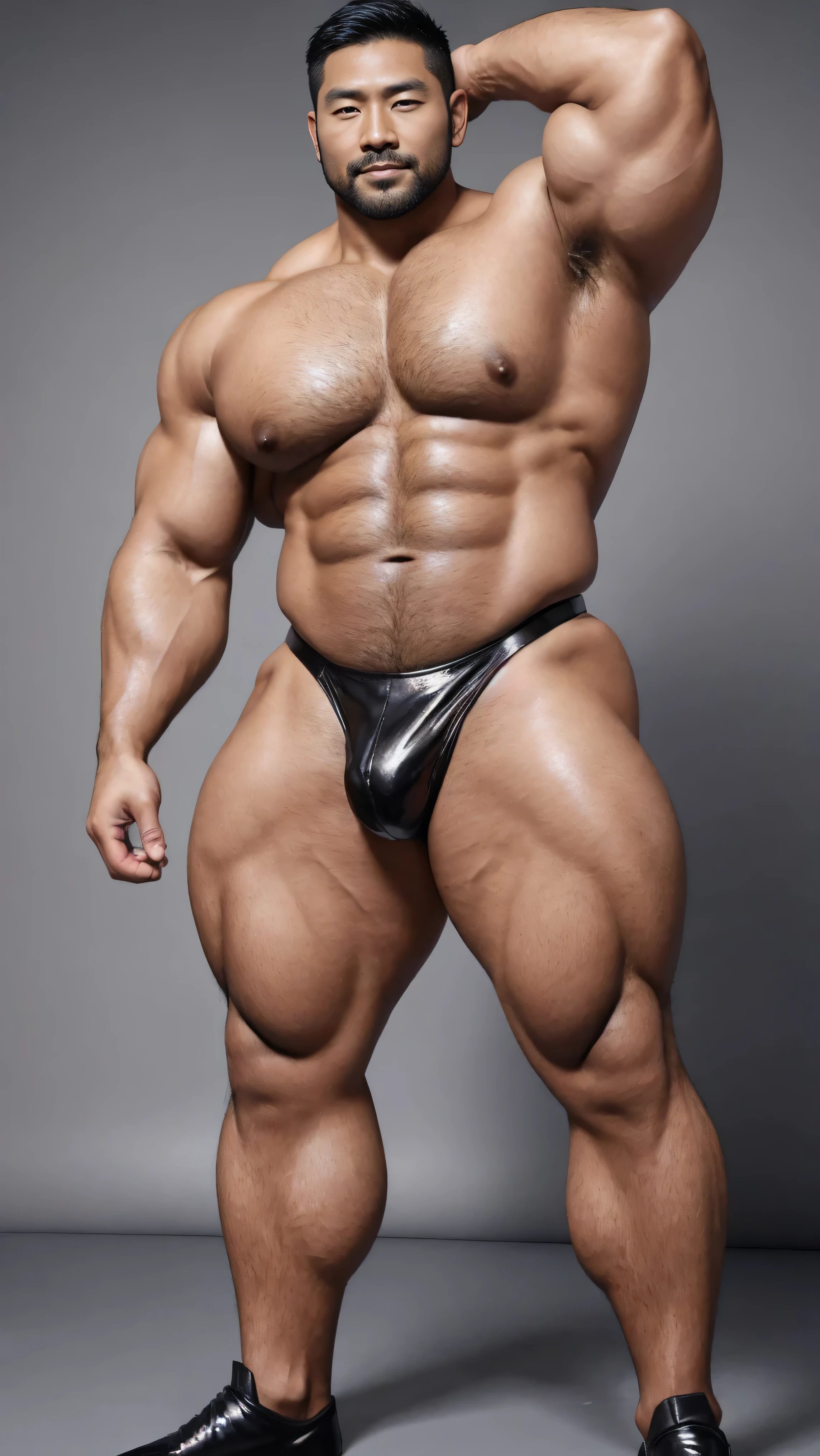There is only one handsome Asian actor in the photo,35 years old,High target, Fitness,short hair, O-Shaped Beard,Perfect body, Dark skin color,Radiant Skin,Smooth skin,Muscle bulge, muscular, Very large pectoral muscles,Very sexy abdominal muscles,Very well-developed leg muscles,Huge concave and convex area,Brightens oily skin,Wearing black leather shiny thong,Handsome face, Correct and accurate male body proportions, Wear black socks,There are iron chains around the body,Standing in front of gray background。