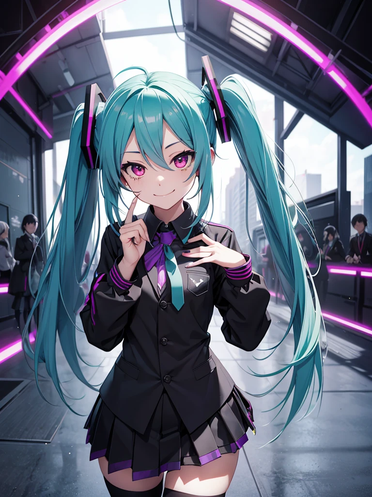 hatsune miku, emo, goth, black and purple hair, red eyes, smiling, school wear, blood, yandere
