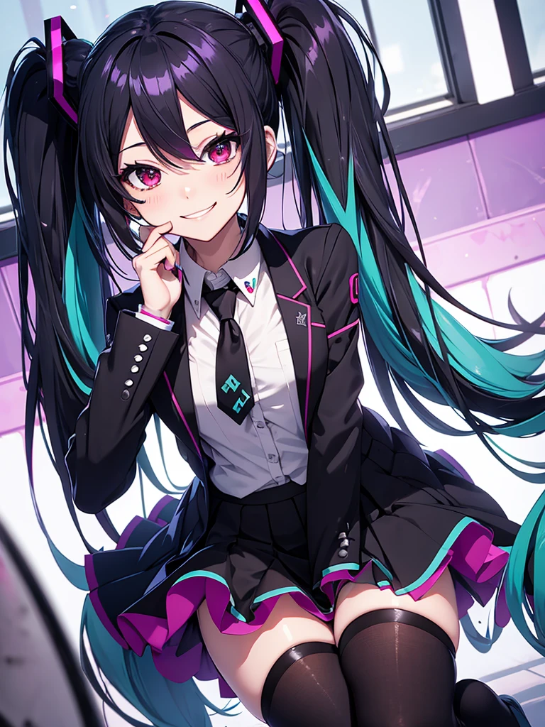 hatsune miku, emo, goth, black and purple hair, red eyes, smiling, school wear, blood, yandere