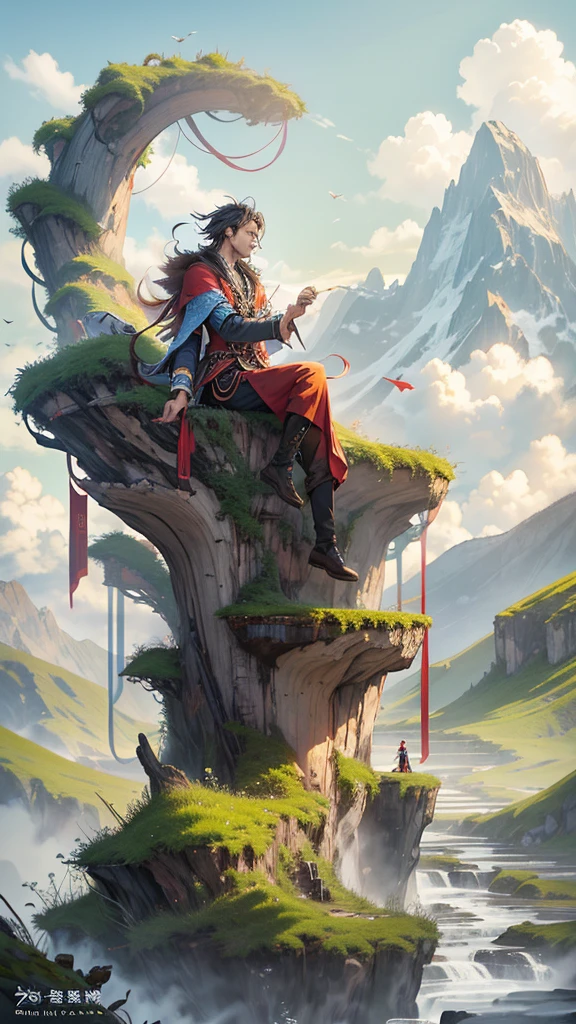 A man cultivating immortality，The background is the fairy-like mountains。Half-length photo