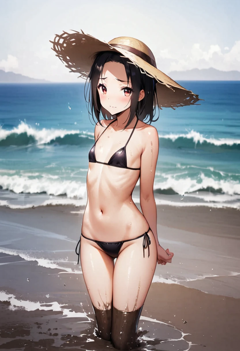 looking back at viewer、tideland、Covered in mud、Tiny string bikini、Thighs、Girl、Girl、Younger、Baby Face、flat chest、forehead、Butt、Dynamic Angle、Seaside、Sandy Beach、Embarrassed、sunlight、Both eyes open、Sun hat