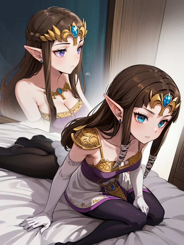 ((Boy)),((((1 boy and 1girl are having sex)))),(((doggystyle))),Princess Zelda, ((highest quality)), (Very detailed) ,Completely naked,Beautiful brown hair,princess zelda, twpr,((crying)),(((On all fours)))