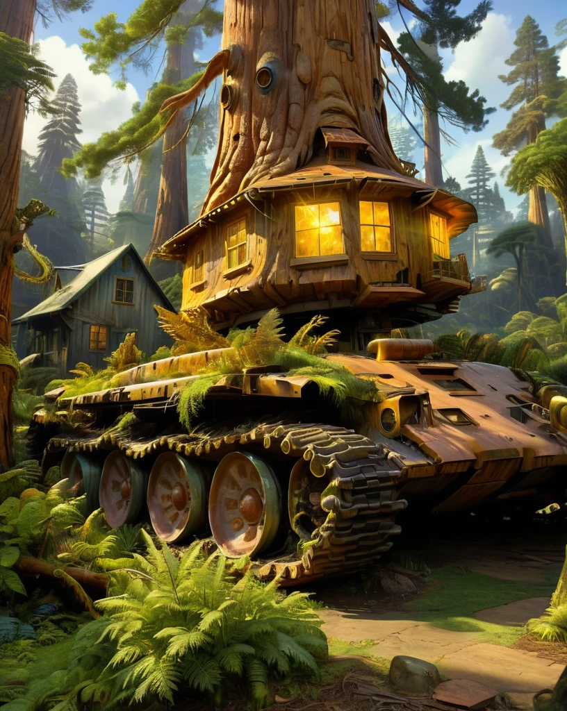 a house in an golden majestic (glowing:1.5) (giant) (sequoia:1.5) growing out of a vtnktnk tank on (Pandora:1.9) from (Avatar:1.3), (vines:1.2), (electricity:1) in the air, magical, fantasy