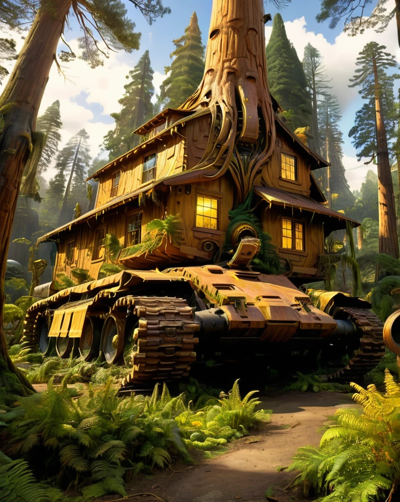 a house in an golden majestic (glowing:1.5) (giant) (sequoia:1.5) growing out of a vtnktnk tank on (Pandora:1.9) from (Avatar:1.3), (vines:1.2), (electricity:1) in the air, magical, fantasy