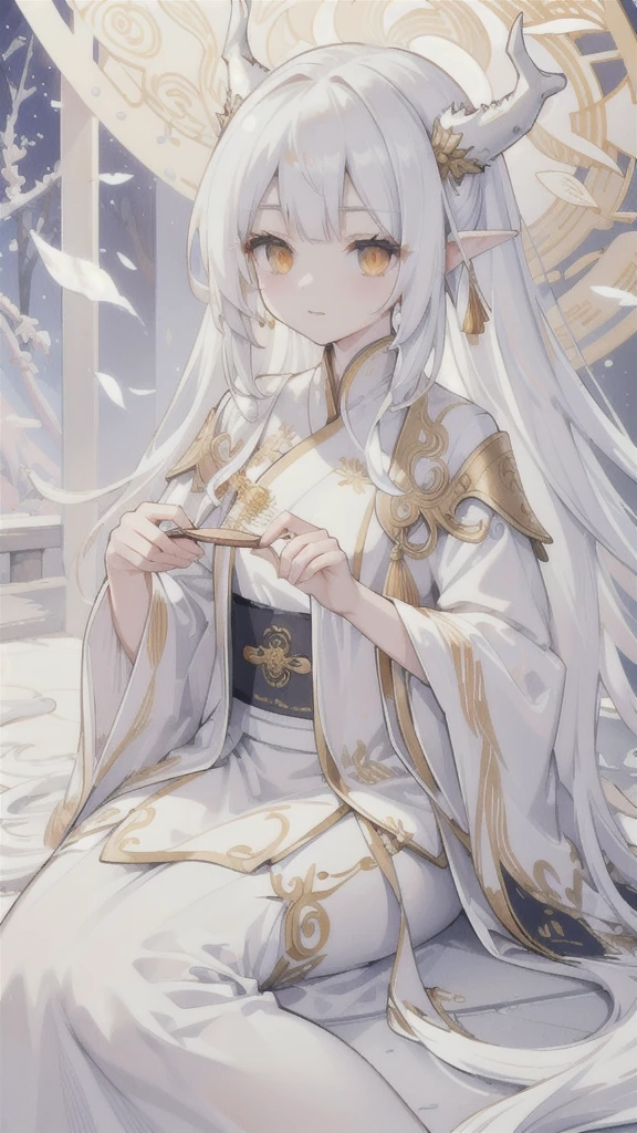 (best quality, highres, ultra-detailed:1.2), beautiful long white hair, stunning golden eyes, silver Hanfu armor, intricately designed white folding fan, white dragon horns, ethereal lighting, soft color palette