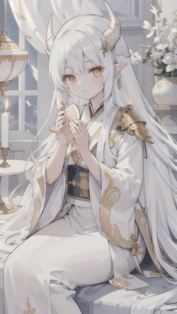 (best quality, highres, ultra-detailed:1.2), beautiful long white hair, stunning golden eyes, silver Hanfu armor, intricately designed white folding fan, white dragon horns, ethereal lighting, soft color palette