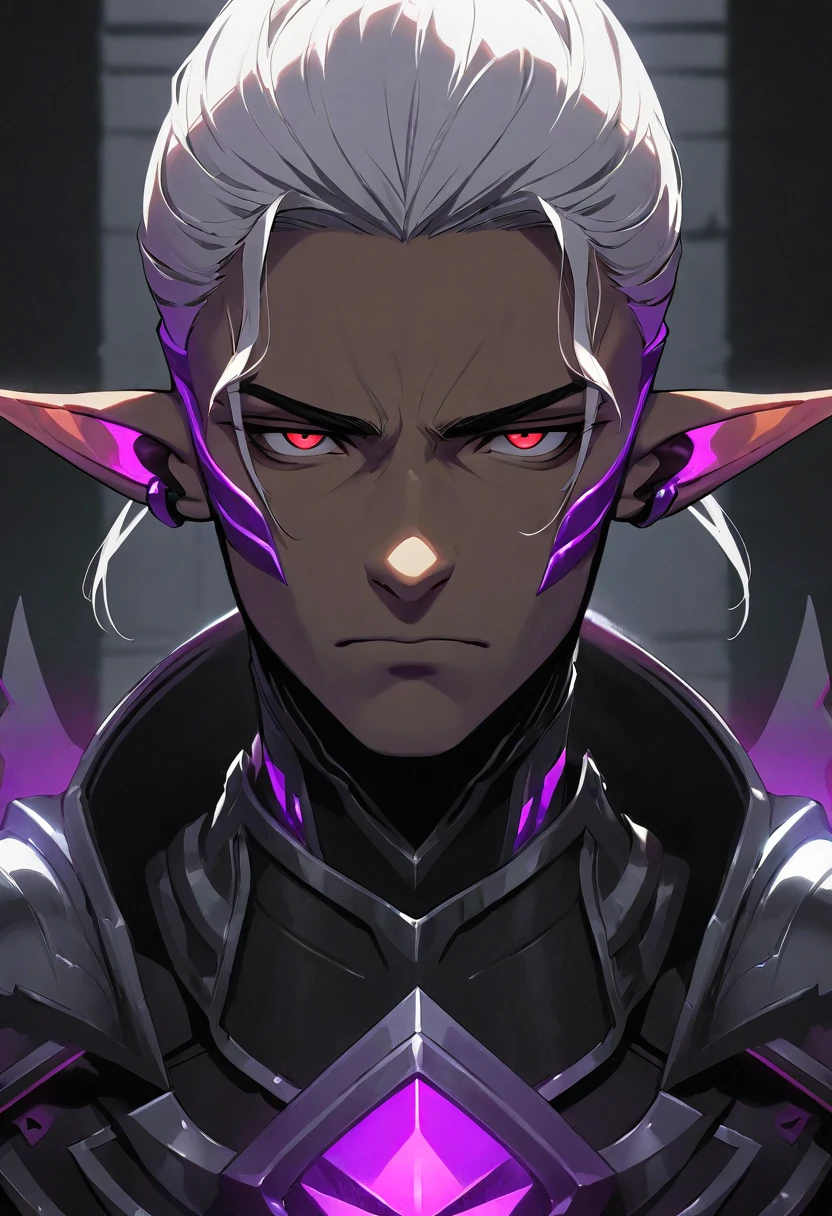 masterpiece, best quality, ultra high res, dark theme, 1boy, (dungeonpunk armor), (wearing armor), fantasy illustration, dark skinned, human, upper body, portrait, red eyes, long white hair, half-drow, pointy ears, serious face, young man, dramatic lighting, purple hue, art by Kinema Citrus