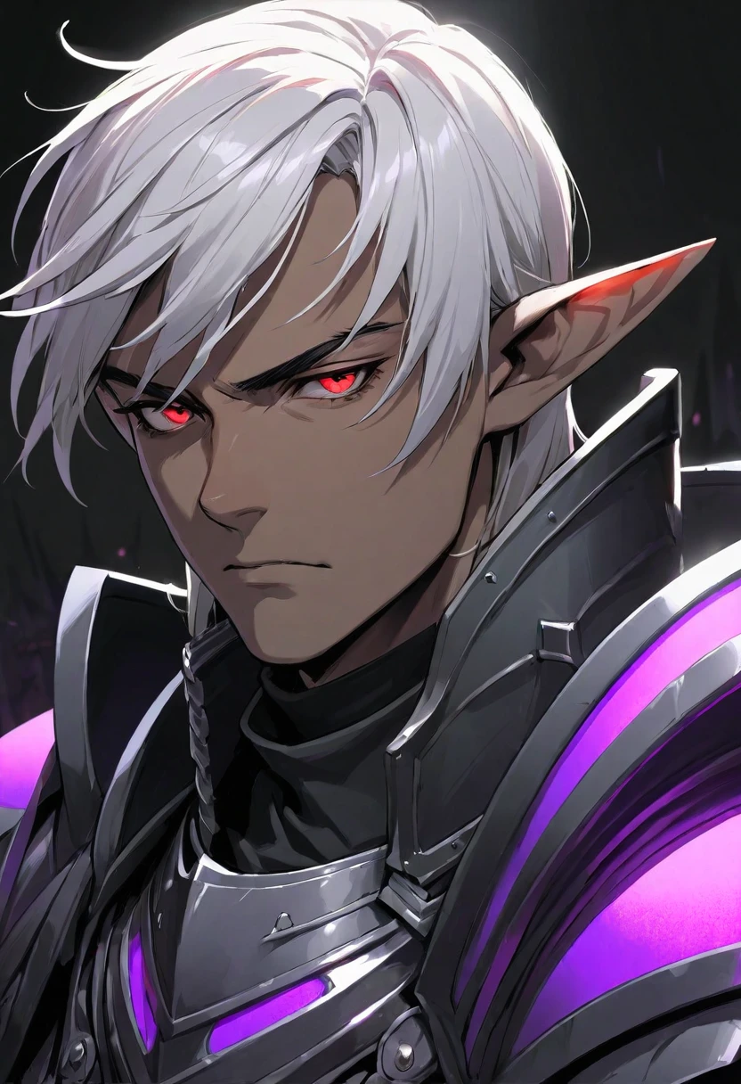  masterpiece, best quality, ultra high res, dark theme, 1boy, (dungeonpunk armor), (wearing armor), fantasy illustration, dark skinned, human, upper body, portrait, red eyes, long white hair, half-drow, pointy ears, serious face, young man, dramatic lighting, purple hue, art by Kinema Citrus
