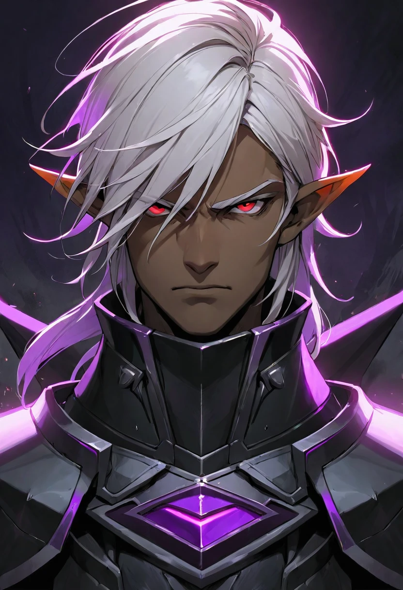  masterpiece, best quality, ultra high res, dark theme, 1boy, (dungeonpunk armor), (wearing armor), fantasy illustration, dark skinned, human, upper body, portrait, red eyes, long white hair, half-drow, pointy ears, serious face, young man, dramatic lighting, purple hue, art by Kinema Citrus
