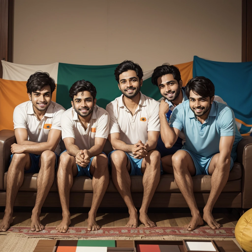 Aap pic of 3 guys which watching TV match in sitting their cheeks have Indian flag drawer and there is a bright up emotions and all are happy and excited 