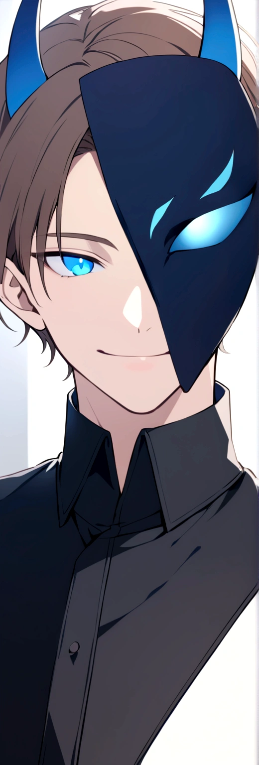 (man in half smile mask on the left side )(blue color)(blue eyes) brown hair)(blue horns)(Dressed in black)(Short haired)(alone)