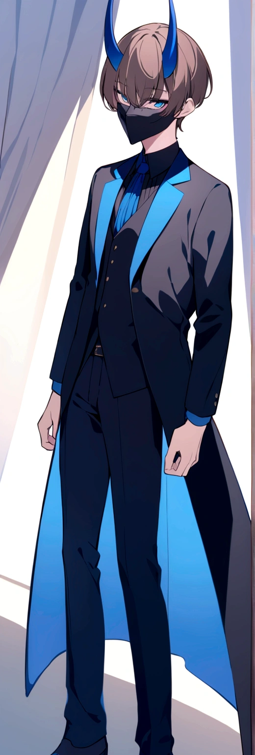 (man in half smile mask on the left side )(blue color)(blue eyes) brown hair)(blue horns)(Dressed in black)(Short haired)(alone)