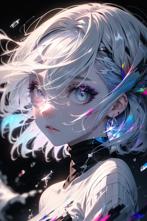 1girl,solo,cool,silver hair,colorful,paint,upper body focus,perfect face,face is dirty for painting,purple eye,brilliant eye,vivid eye,darkness