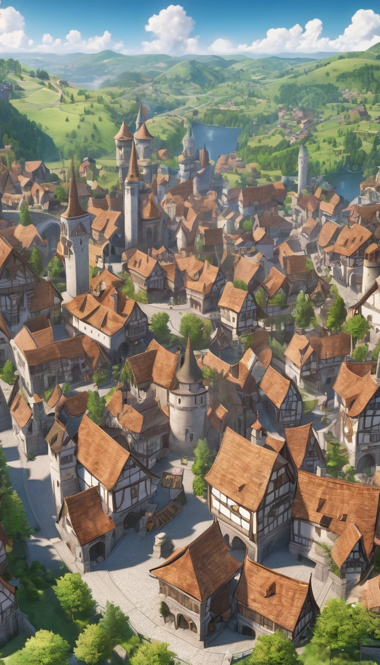 Medieval fantasy town map, anime, From above, Panorama, Super detailed, high quality, Attention to detail, Awards, 最high quality, High resolution, 8K