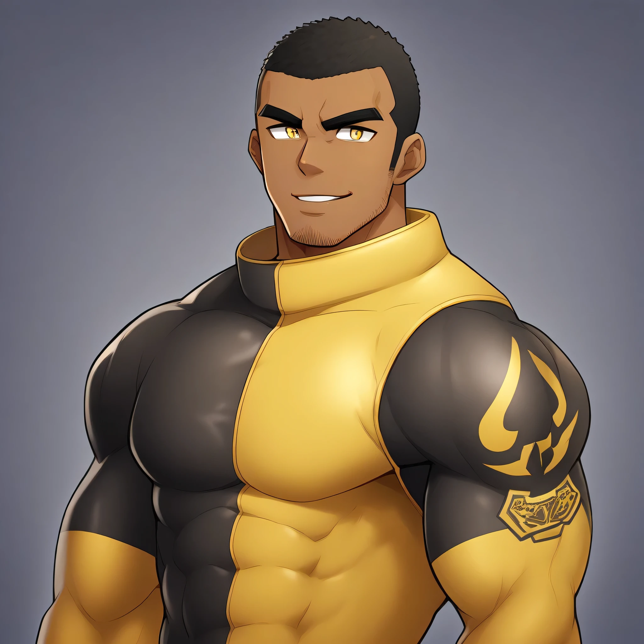anime characters:Gyee, Muscle Sports Student, negro black skin, Buzz Cut,1 dark skin muscular tough guy, Manliness, male focus, Dark yellow high collar long sleeve wetsuit, Matte texture, Very tight, Slightly transparent, muscular male, muscular, only, Upper body, alone, Black short hair, Thick eyebrows, stubble, Yellow eyes, Grey background, simple background, amazing quality, best aesthetics, Ridiculous, bright pupils, crew cut, parted lips, seductive smile, torogao, naughty face, best quality
