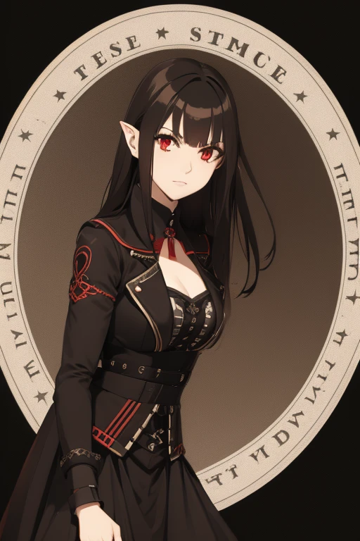 Victoria Justice 20 Vampire long curly dark brown hair pointed ears red eyes Gothic rock star clothing black vintage decorations Steampunk holding an electric guitar looking straight at viewer red background