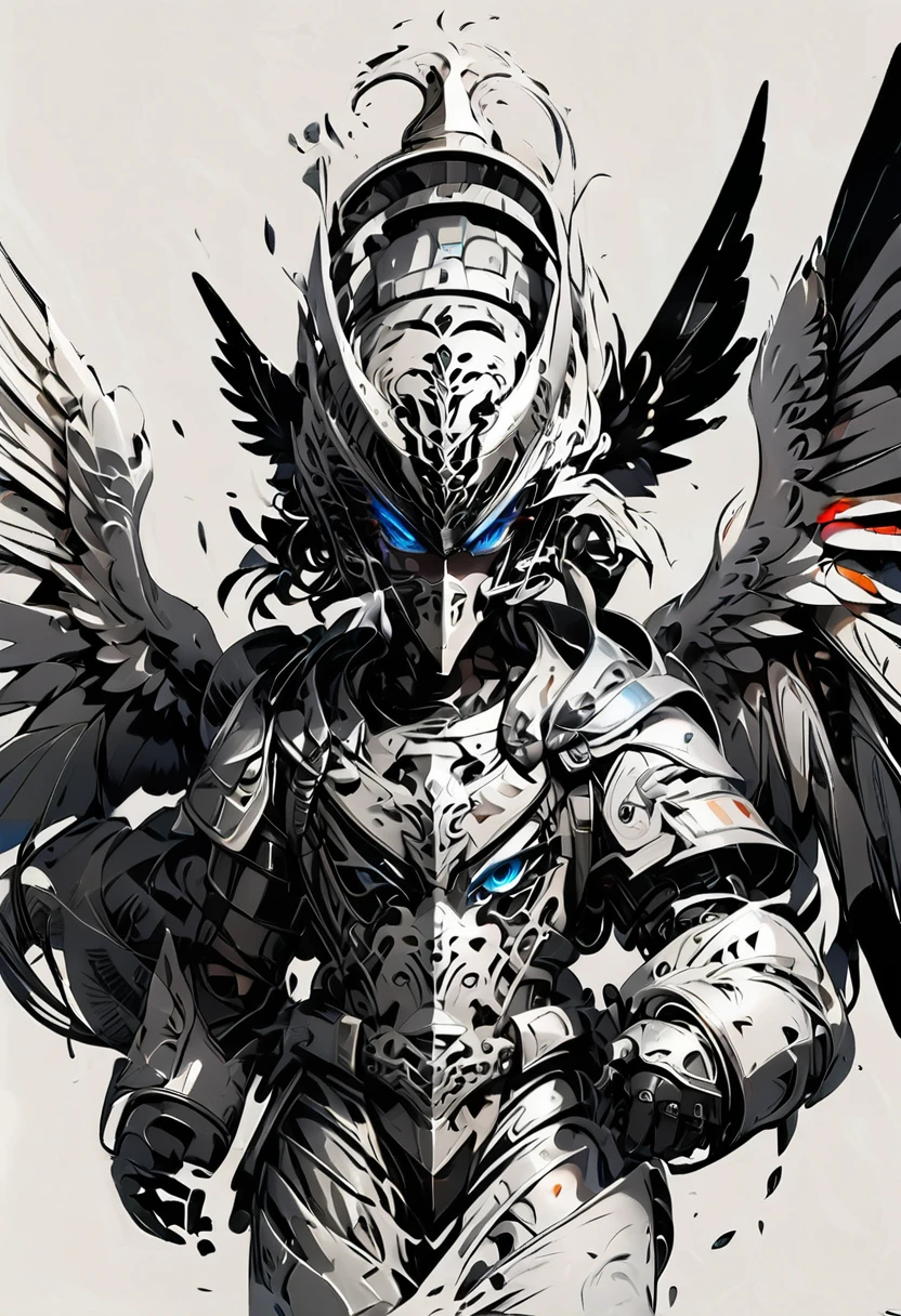 Hero with helmet and furious wings. Black and white combination. Blue eyes.