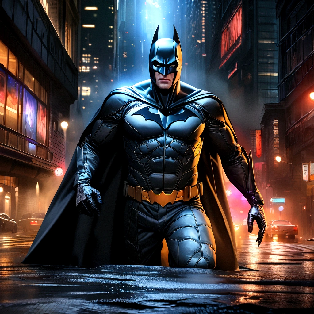 Batman, Gotham city at night, Christopher Nolan style, drama and lifesaving, in dynamic, atmosphere of darkness and horror, dramatic light, highly detailed, packed with hidden details, hyper realistic, uhd image, realism, colorful realism, UHD, 8K