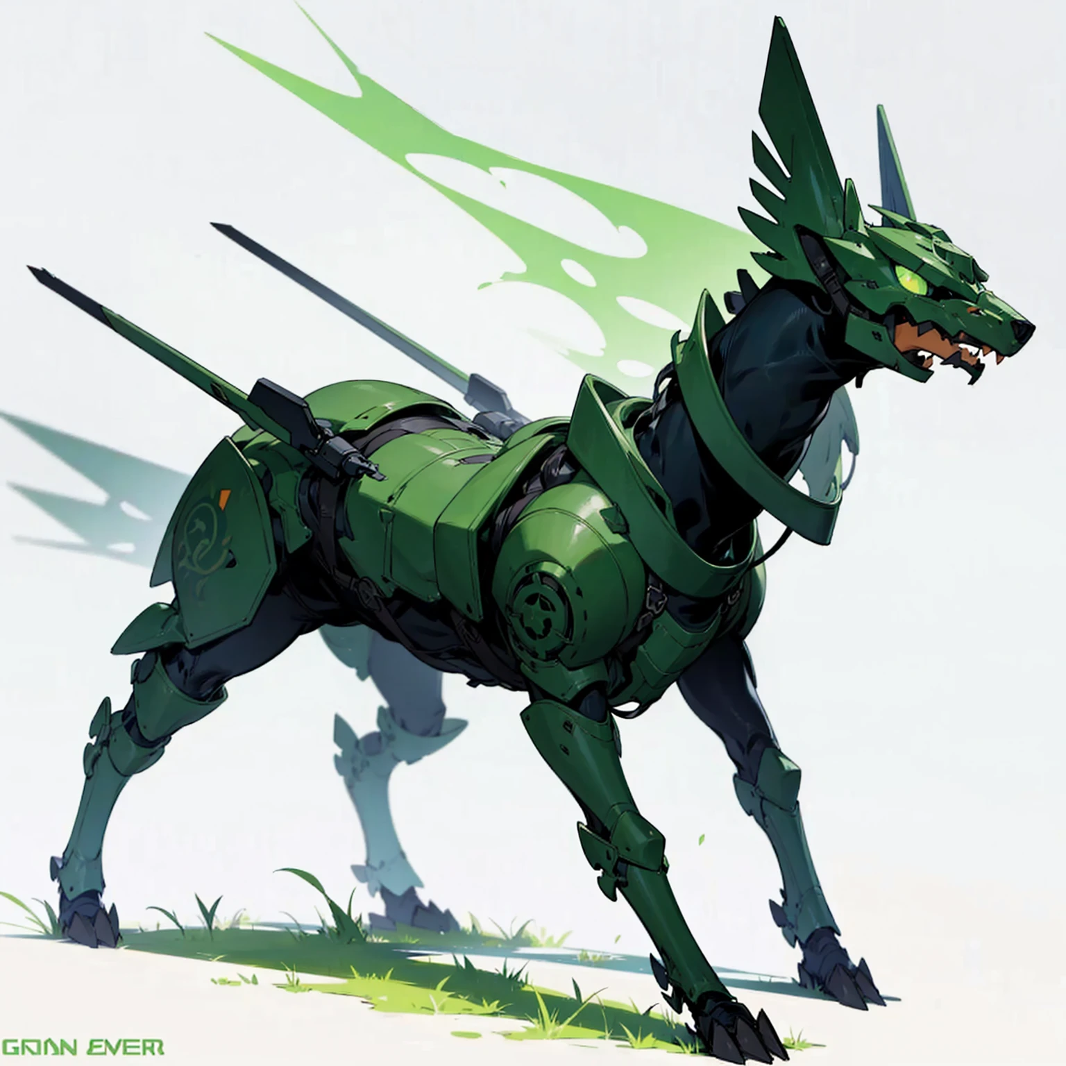 Evolusioner animal with additional armor on the back and helmet, (green eyes), Grassroots, no background 