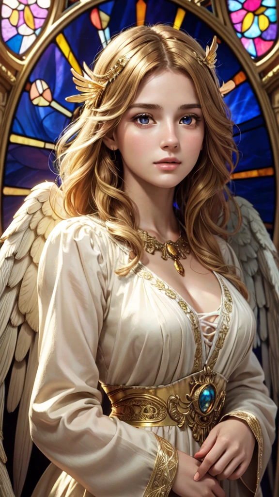 realistic,photorealistic,photo-realistic:1.37,best quality,4k,8k,highres,masterpiece:1.2,ultra-detailed,vibrant colors,stained glass,beautiful vintage angel woman,frontal face,front face,front view,gold hair,determined expression,(large open angel wings:1.1),Alphonse Mucha style,intricate floral background,warm tones,soft lighting,1girl