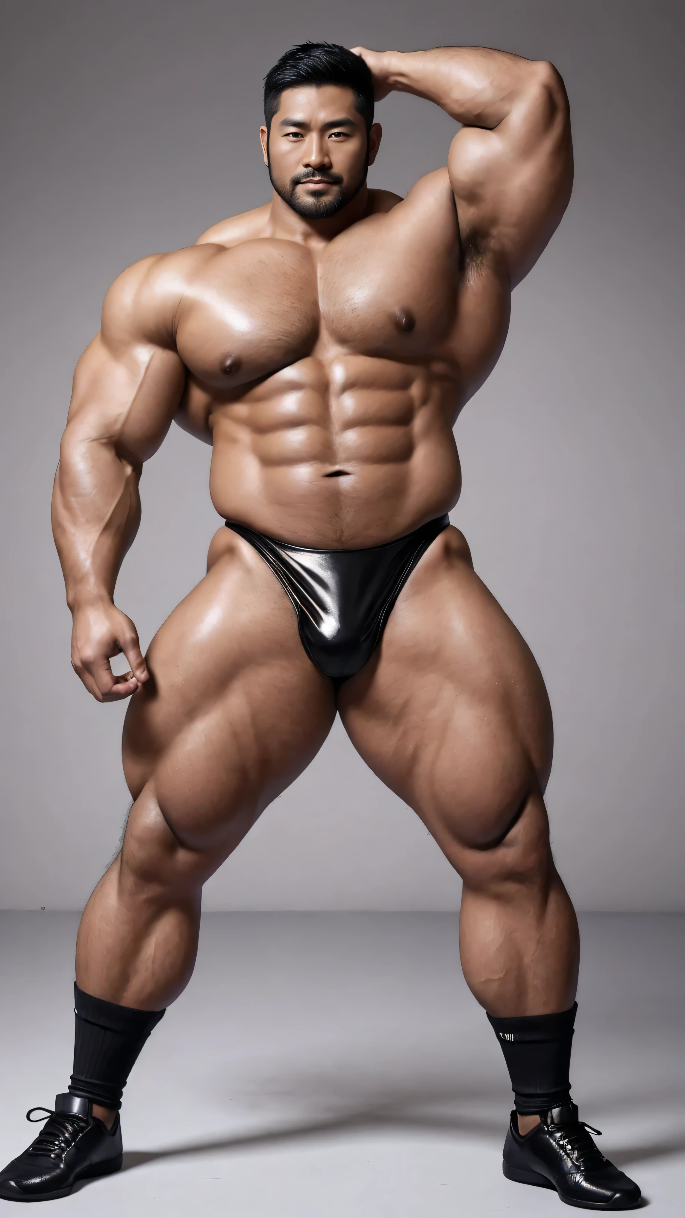 There is only one handsome Asian actor in the photo,35 years old,High target, Fitness,short hair, O-Shaped Beard,Perfect body, Dark skin color,Radiant Skin,Smooth skin,Muscle bulge, muscular, Very large pectoral muscles,Very sexy abdominal muscles,Very well-developed leg muscles,Huge concave and convex area,Brightens oily skin,Wearing black leather shiny thong,Handsome face, Correct and accurate male body proportions, Wear black socks,There are iron chains around the body,Standing in front of gray background。