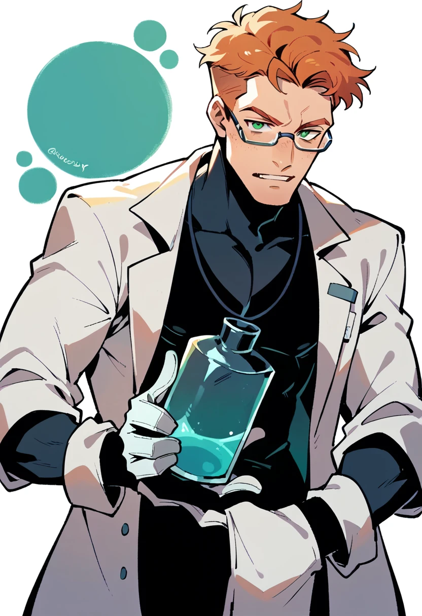 Handsome ginger haired man with green eyes wearing glasses and a lab coat, nervously experimenting with beakers, science lab background 