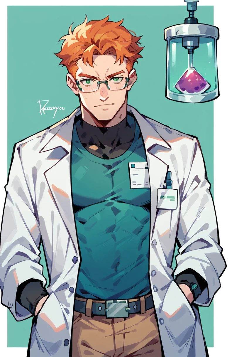 Handsome ginger haired man with green eyes wearing glasses and a lab coat, nervously experimenting with beakers, science lab background 