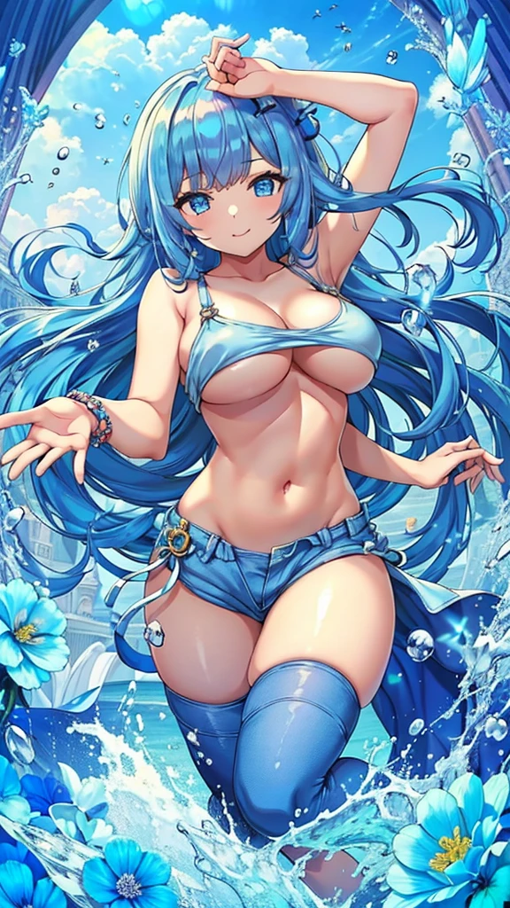 Masterpiece、Highest quality、Super detailed、1 girl、(Big Tits)、Fluffy and soft long hair、Blue Eyes、Cleavage、((Underboobを見せる))、smile、Too big soft breasts、Blue Hair、Underboob、Underboob、Underboob、Breasts spilling out、Naked and in overalls