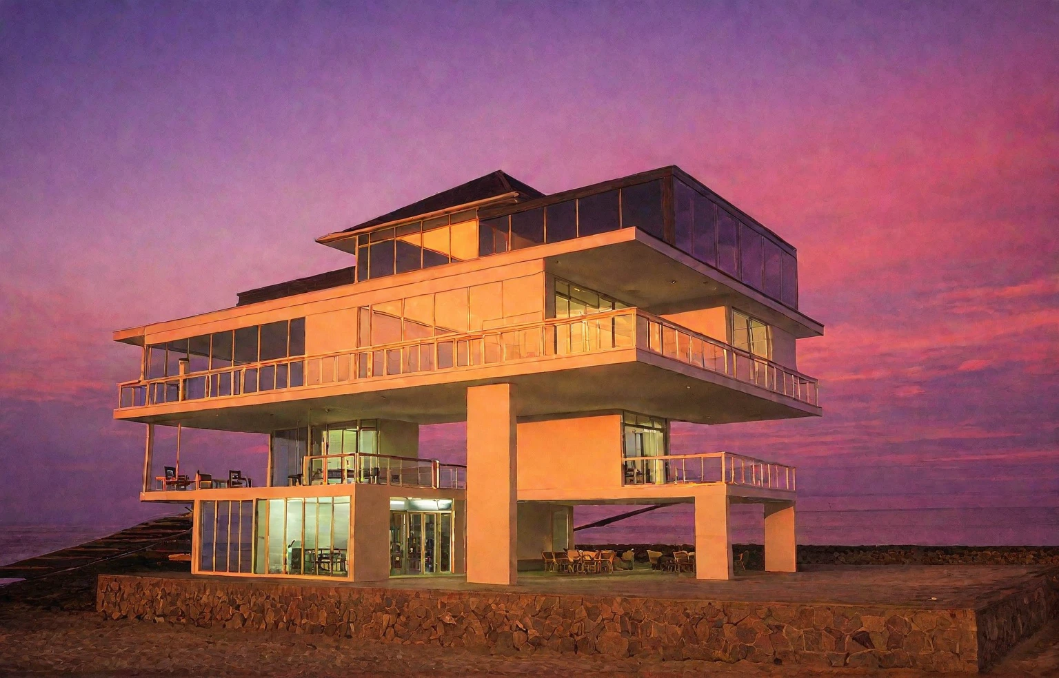 at sunset, It&#39;s snowing,   Modern house exterior, beige and white mixed together, glass doors and windows, Large balcony, on the grassland, hillside, There is a swimming pool in front, There are ornamental trees in front of the house, Tropical landscape, masterpiece, High Quality, super hd,