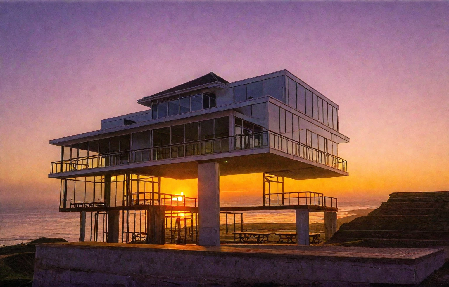 at sunset, It's snowing, Modern house exterior, beige and white mixed together, glass doors and windows, Large balcony, on the grassland, hillside, There is a swimming pool in front, There are ornamental trees in front of the house, Tropical landscape, masterpiece, High Quality, super hd,