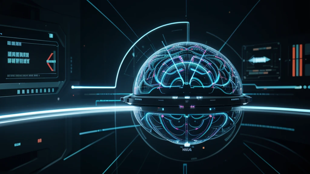 A detailed illustration of a human brain with a small, high-tech chip implanted into it. The brain's neural pathways are illuminated with glowing lines, connecting to the chip. In front of the brain, a transparent holographic screen displays intricate stock market charts, numerical data, and analytical graphs. The brain appears highly focused, with digital signals emanating from the chip, indicating rapid data processing. The background features a sleek, futuristic setting with more holographic displays and high-tech equipment, creating an atmosphere of advanced technology and intense intellectual activity