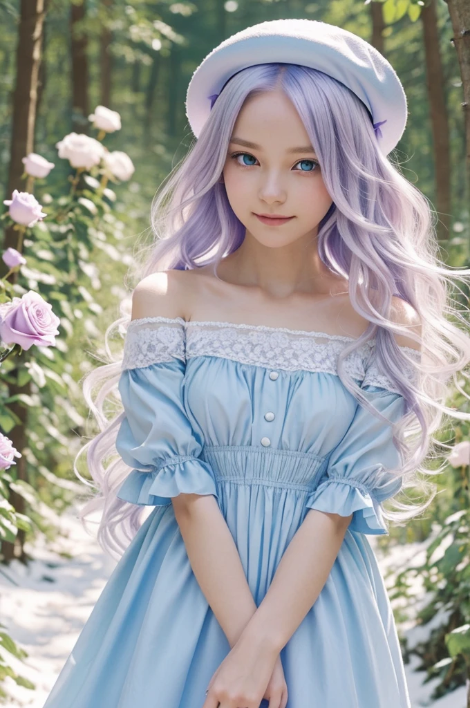 Manga screenshot,a beautiful girl with silver hair that fades from the shoulders to pink, violet and light blue at the tips,with hair down and long to her ankles,It is straight but wavy at the ends,Snow white skin,sharp but innocent eyes at the same time, one eye red like ruby and the other blue like aquamarine, dressed in a dress cut to the knees,white and half violet,with a white rose hat with a light blue ribbon and a blue rose ,in a beautiful forest with colorful butterflies and beautiful flowers,he is looking towards the camera smiling