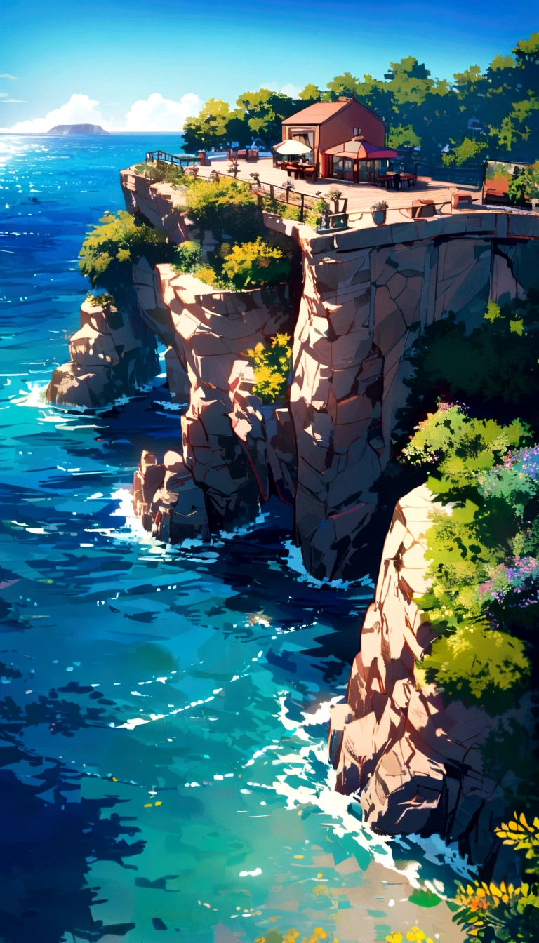 Broad perspective, Beautiful cafe on a sandstone cliff, Ocean,, Vibrant colors, scenery, Beautiful atmosphere, 8K, Serene landscape, Important Details