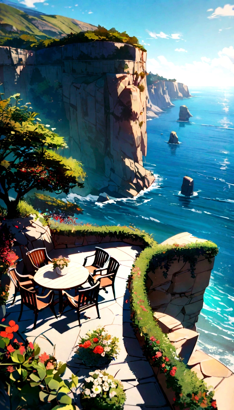 Broad perspective, Beautiful cafe on a sandstone cliff, Ocean,, Vibrant colors, scenery, Beautiful atmosphere, 8K, Serene landscape, Important Details
