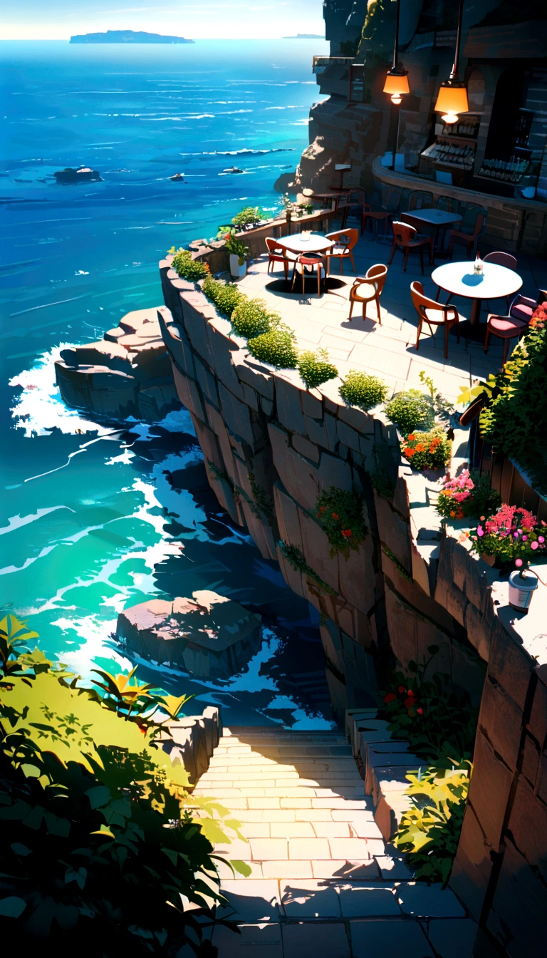 Broad perspective, Beautiful cafe on a sandstone cliff, Ocean,, Vibrant colors, scenery, Beautiful atmosphere, 8K, Serene landscape, Important Details