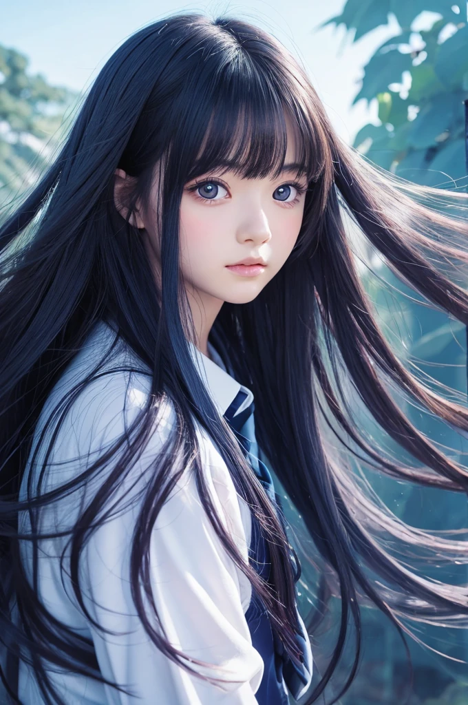 Anime illustration, long indigo hair, large eyes, small mouth, age 16, wearing navy blue wizard's uniform