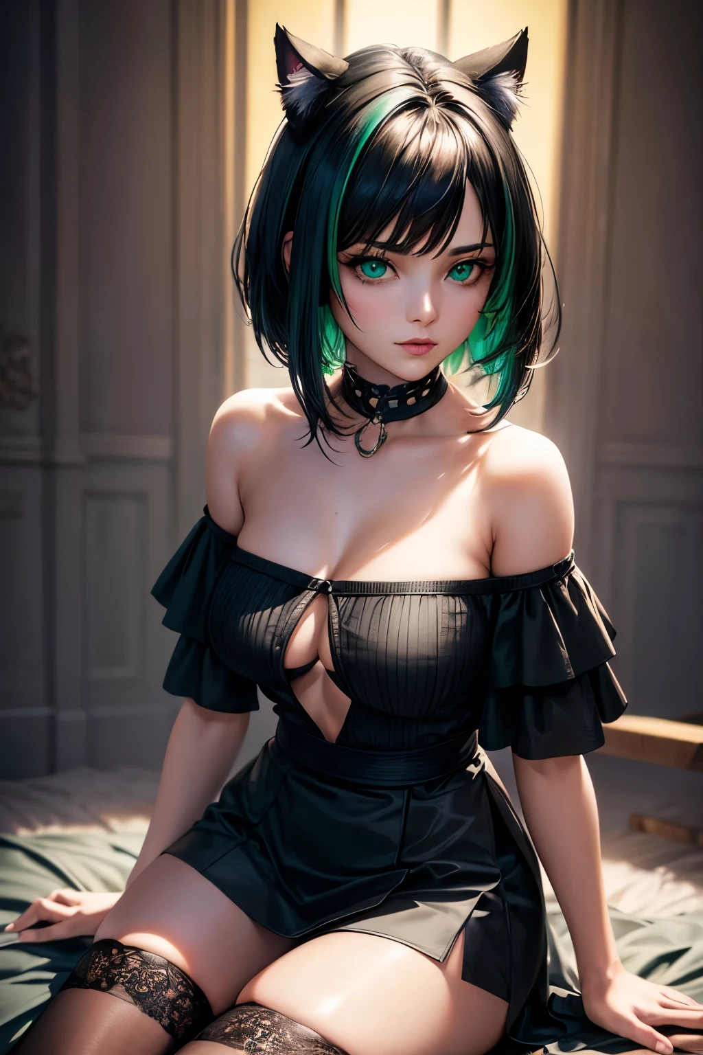 a woman with shoulder length short hair, ombre hair color fading from black to green, wearing a black off-shoulder top with open slits and a green top underneath, a black skirt, and boots, with green eyes and cat ears, (best quality,4k,8k,highres,masterpiece:1.2),ultra-detailed,(realistic,photorealistic,photo-realistic:1.37),portrait, highly detailed, intricate, beautiful, elegant, dramatic lighting, vibrant colors, dynamic pose
