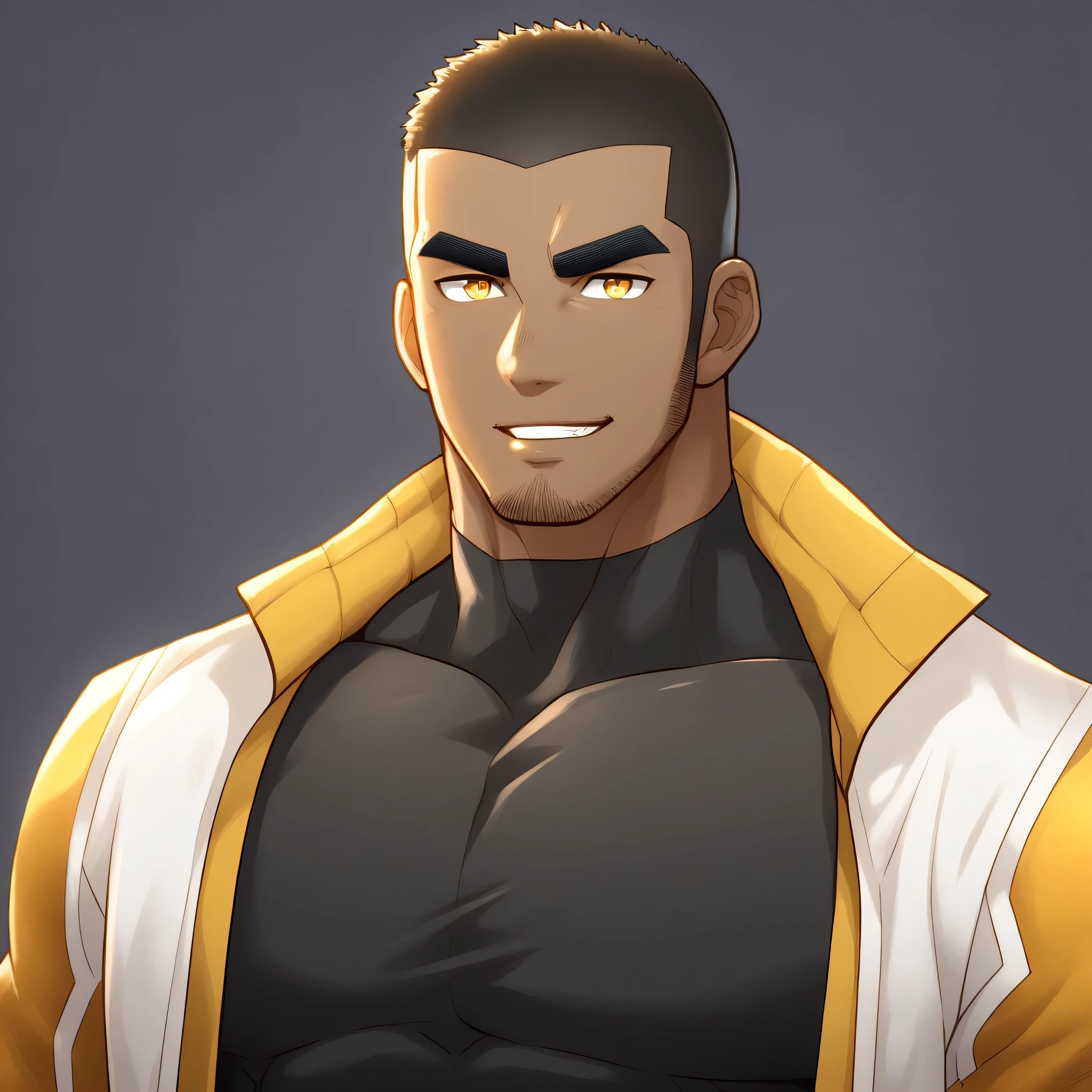 anime characters:Gyee, Young Muscle Sports Student, negro black skin, Buzz Cut, Manliness, male focus, Dark yellow high collar long sleeve tight T-shirt, Slightly transparent texture, Very tight, Slightly transparent, muscular male, muscular, only, Upper body, alone, Black short hair, Thick eyebrows, stubble, Yellow eyes, Grey background, simple background, amazing quality, best aesthetics, Ridiculous, bright pupils, crew cut, parted lips, seductive smile, torogao, naughty face, best quality