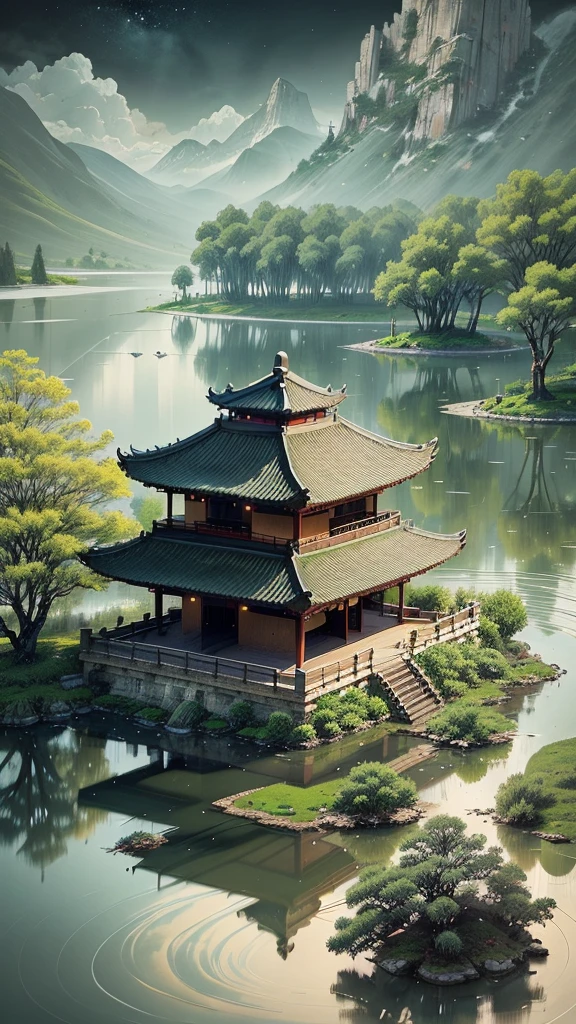 Chinese martial arts style, large area sky, ink style, outline light, atmospheric atmosphere, depth of field, mist rising, lake water, lotus flowers and leaves, small boats, pine trees, octagonal stone pavilions, arch bridges, night view,(No color)