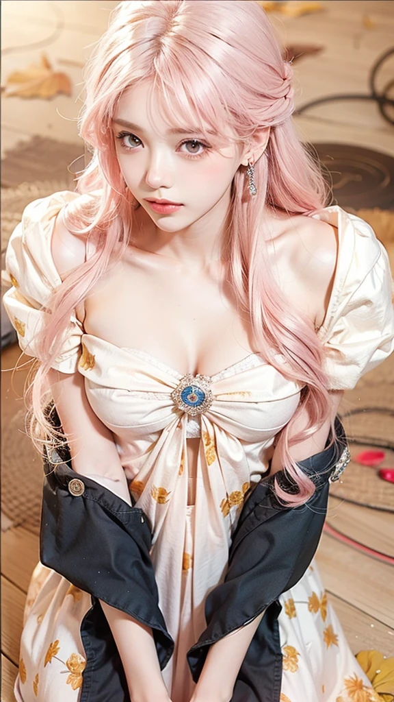 Light pink hair, pink eyes, pink and white, sakura leafs, vivid colors, white dress, paint splash, simple background, ray tracing, wavy hair