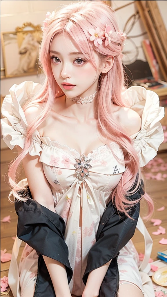 Light pink hair, pink eyes, pink and white, sakura leafs, vivid colors, white dress, paint splash, simple background, ray tracing, wavy hair