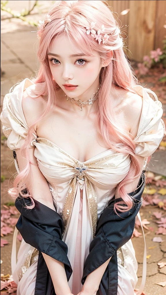 Light pink hair, pink eyes, pink and white, sakura leafs, vivid colors, white dress, paint splash, simple background, ray tracing, wavy hair