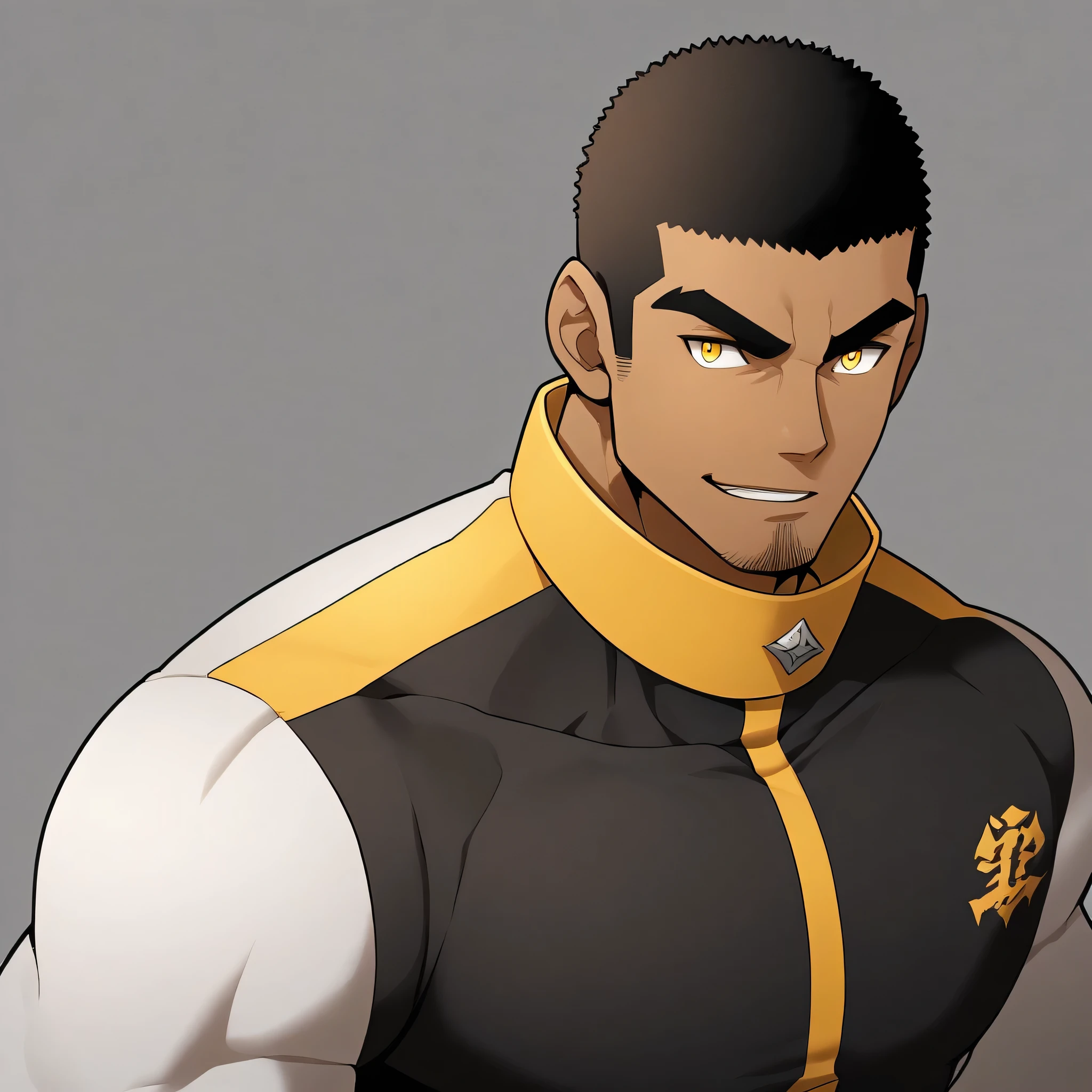 anime characters:Gyee, Young Muscle Sports Student, negro black skin, Buzz Cut, Manliness, male focus, Dark yellow high collar long sleeve tight T-shirt, Slightly transparent texture, Very tight, Slightly transparent, muscular male, muscular, only, Upper body, alone, Black short hair, Thick eyebrows, stubble, Yellow eyes, Grey background, simple background, amazing quality, best aesthetics, Ridiculous, bright pupils, crew cut, parted lips, seductive smile, torogao, naughty face, best quality